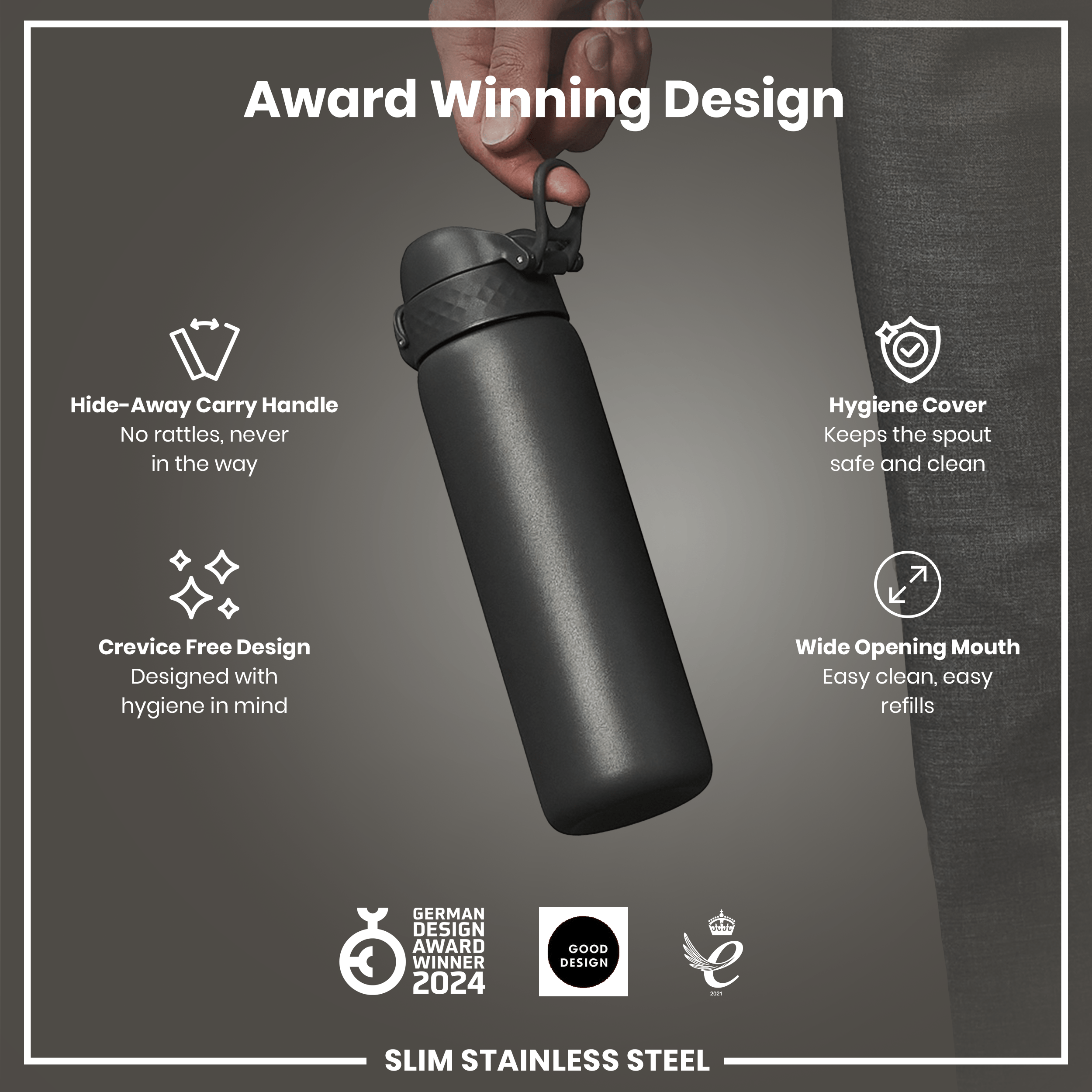 Leak Proof Slim Water Bottle, Stainless Steel, Grey, 600ml (20oz)