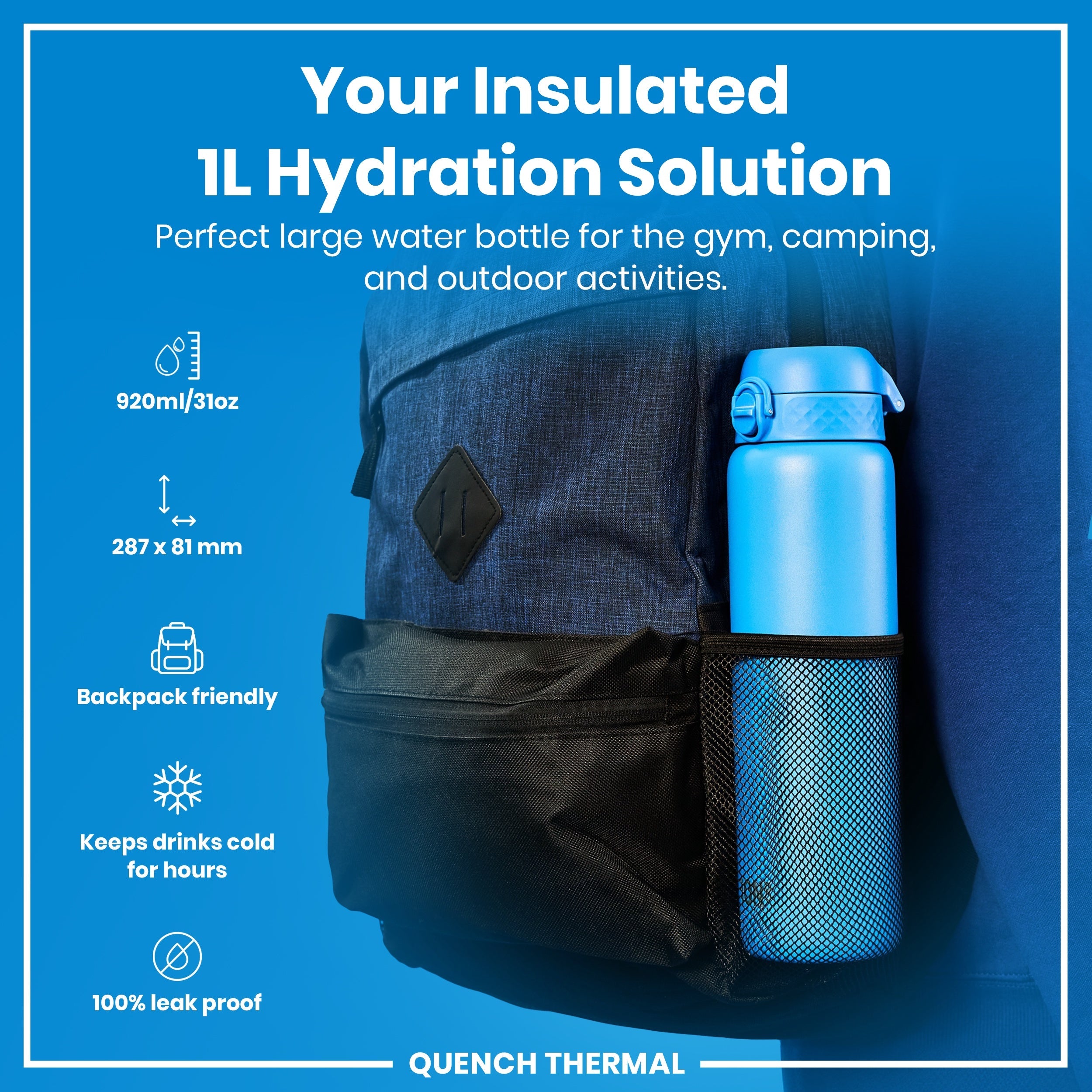 Leak Proof 1 Litre Thermal Water Bottle, Insulated, Blue, 1L